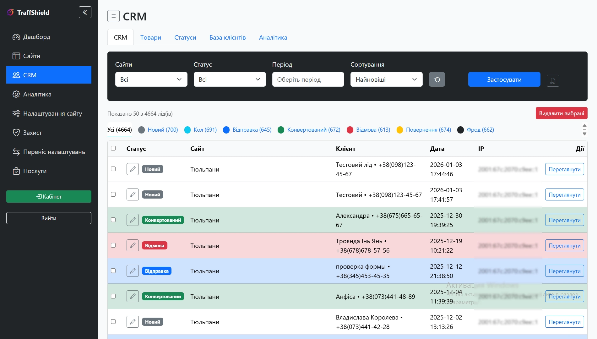 Вбудована CRM-система TraffShield для управління лідами, контролю трафіку та інтеграції з зовнішніми CRM