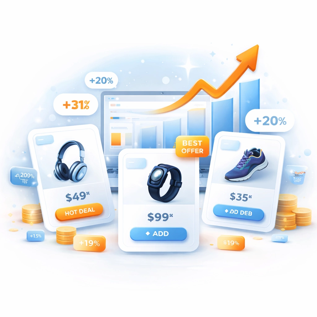 Сторінки допродажу upsell з картками товарів та графіком зростання продажів