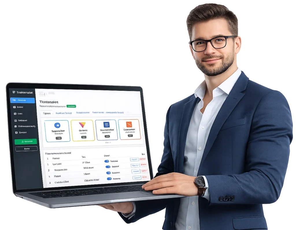 Класифікатор лідів TraffShield — інтерфейс системи з інтеграціями CRM та оцінкою якості заявок на ноутбуці